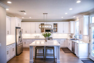 White island and cabinetry in a kitchen